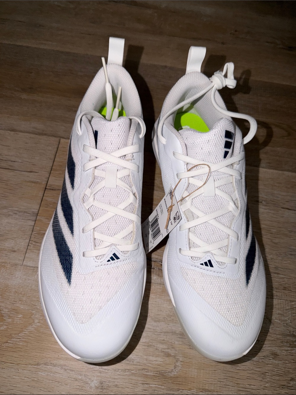 adidas Men’s White Athletic Sneakers with Navy Stripes and Neon Green Insole